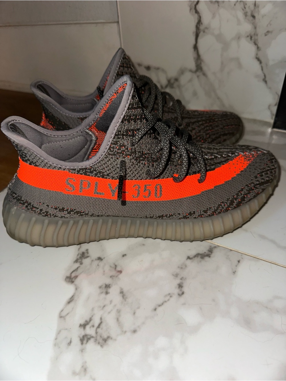 Adidas Yeezy 350 V2 “Beluga” Grey and Bright Orange Knit Sneakers